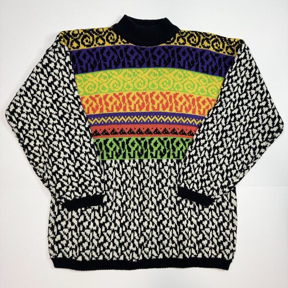 Vintage 90s Jamie Scott Abstract Knit Sweater Women's Size S Wild Pattern - Picture 1 of 8